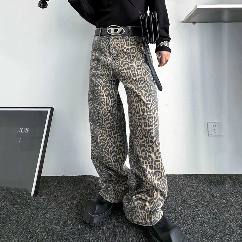 Leopard Pattern Mid-Waist Loose Jeans