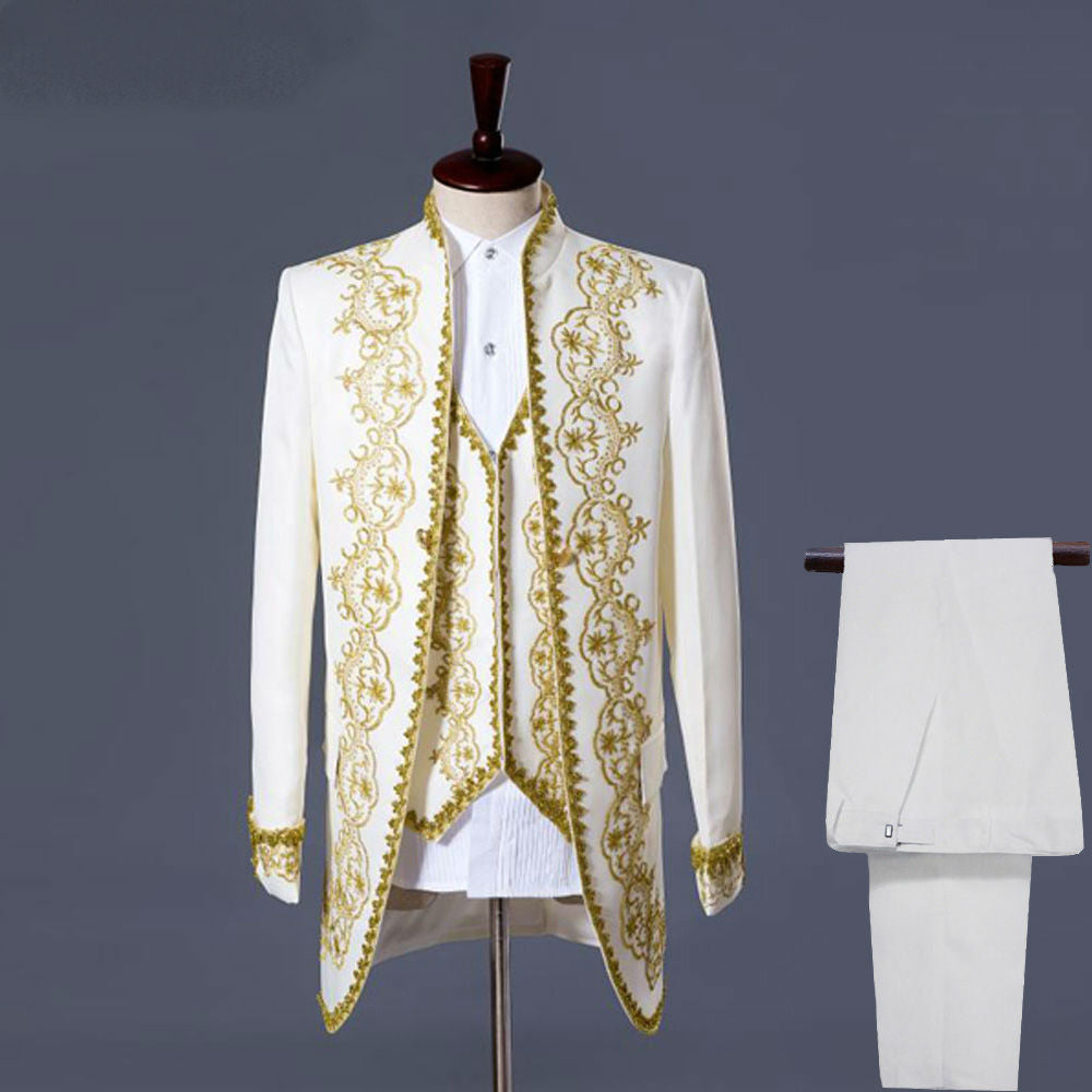 White or Black with Classic Gold Embroidery Three Pieces Set Design Men Costume Suits