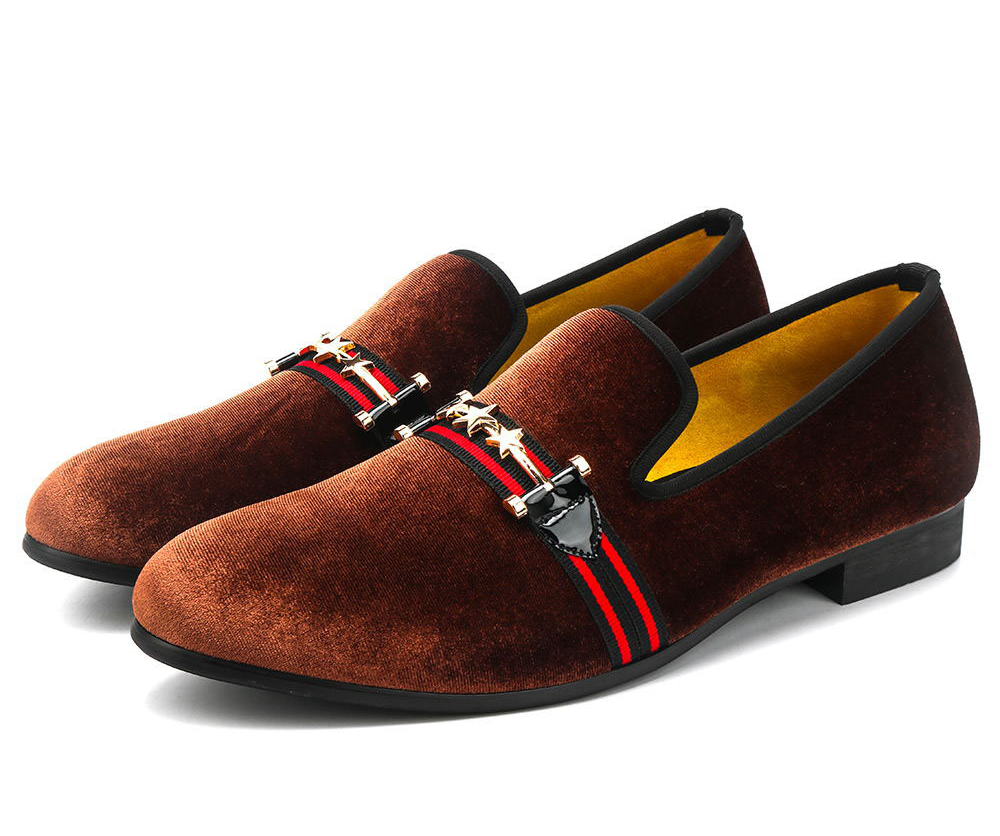 Brown Velvet Red Ribbon Detail Men Shoes