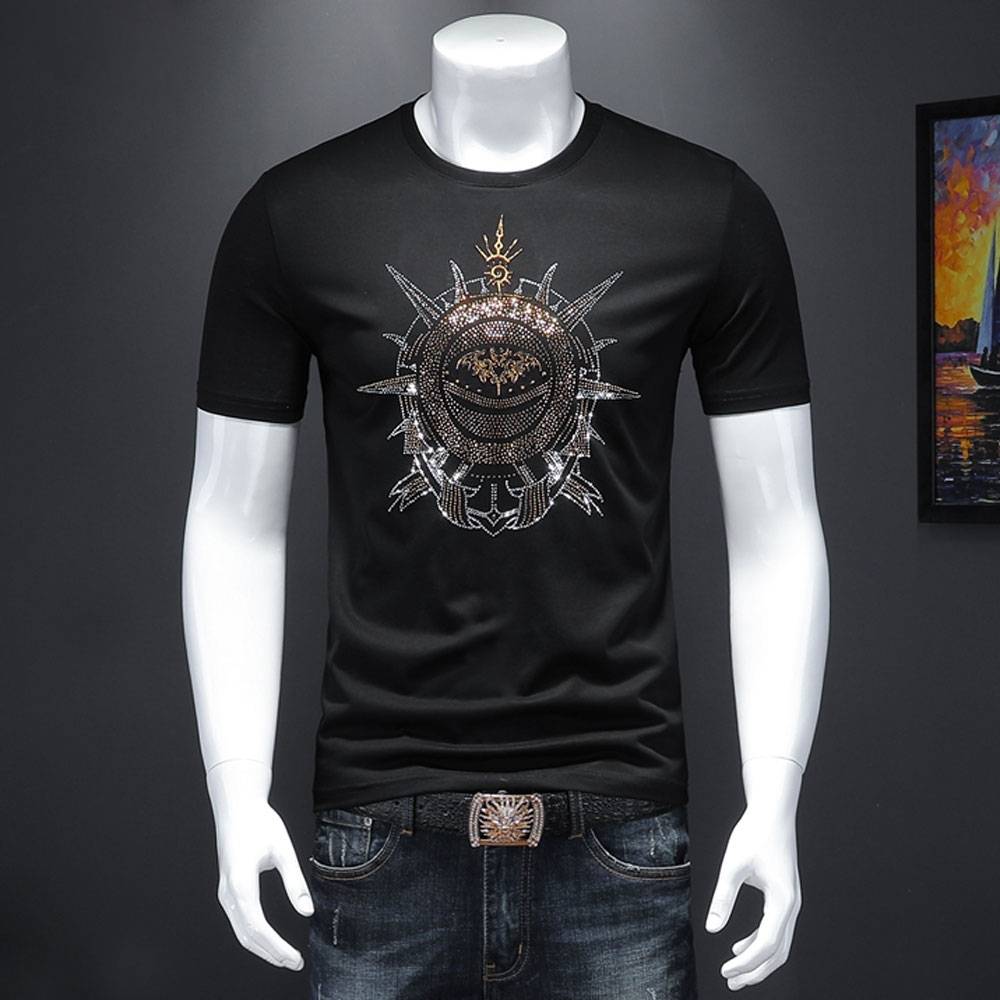 Rhinestone Solid Cotton Short-Sleeved T-Shirt