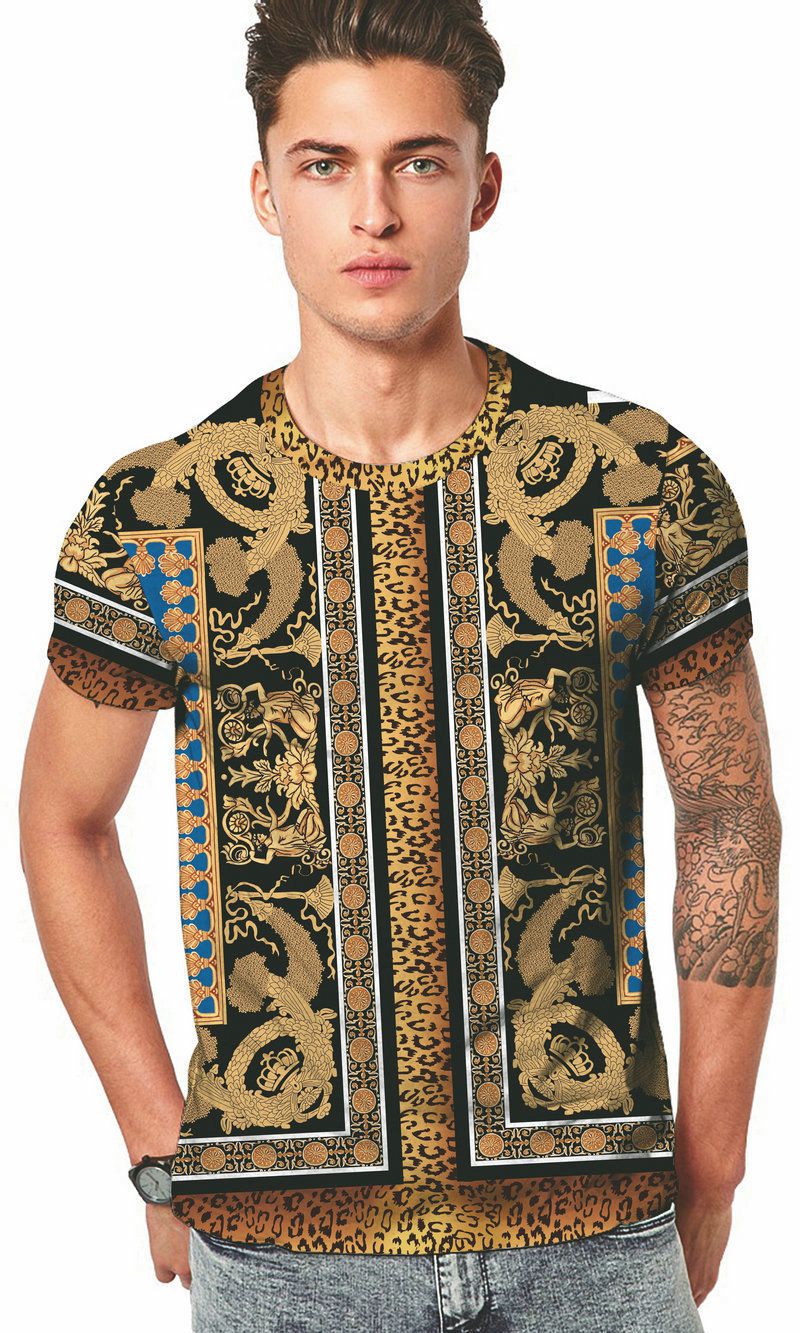 Leopard Back Print Velour O Neck Style Men T-Shirt