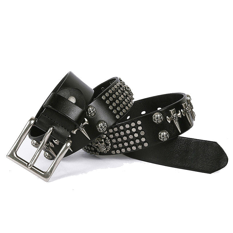 Luxurious Black Rock Skull Style Rivet Men Leather Belt