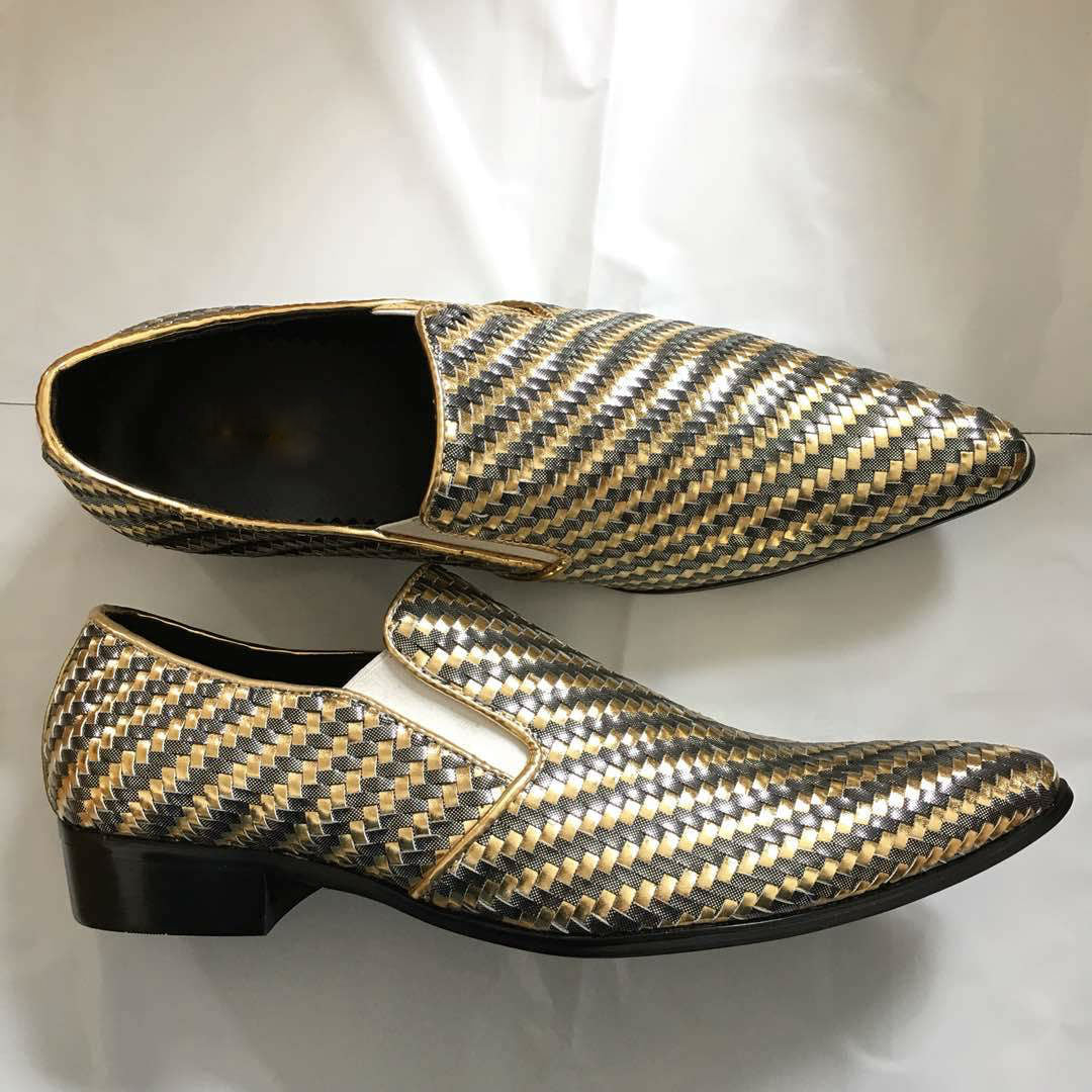 Gold Silver Braided Woven Leather Men Loafers Shoes