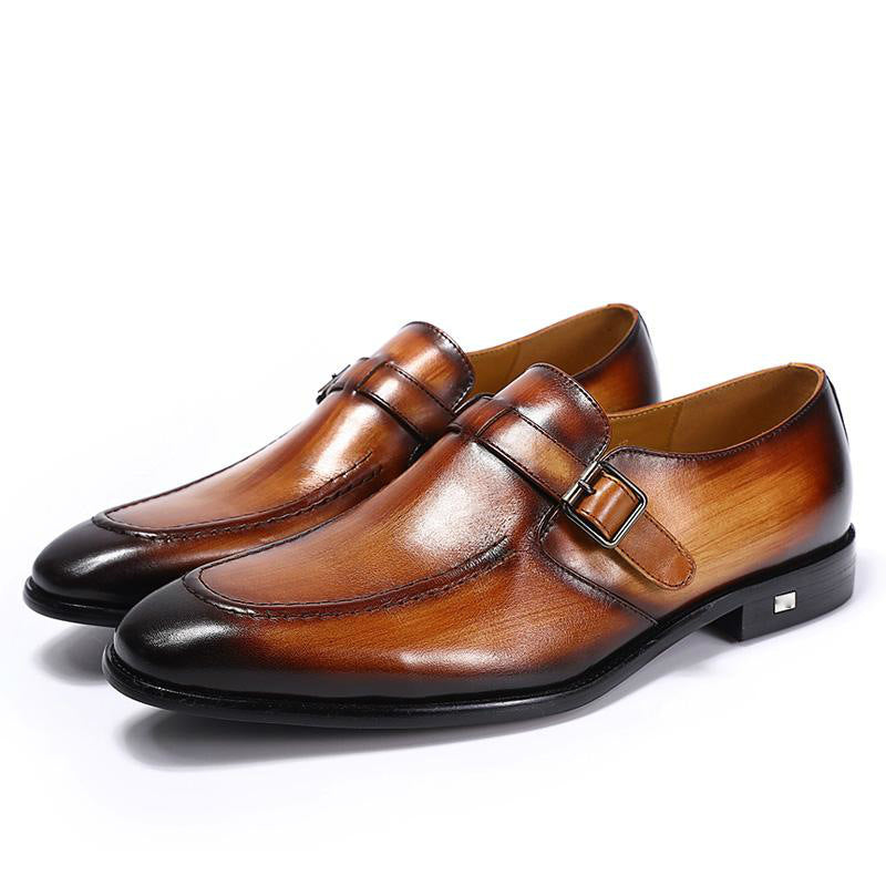 Elegant Handmade Pointed Toe Brown Leather Buckle Strap Men Loafer Shoes - FanFreakz