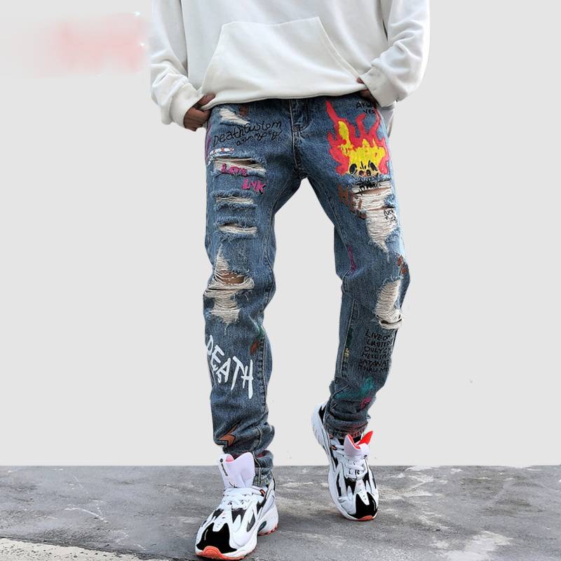 Destroyed Ripped Fire Broken Graffiti Print Men Jeans