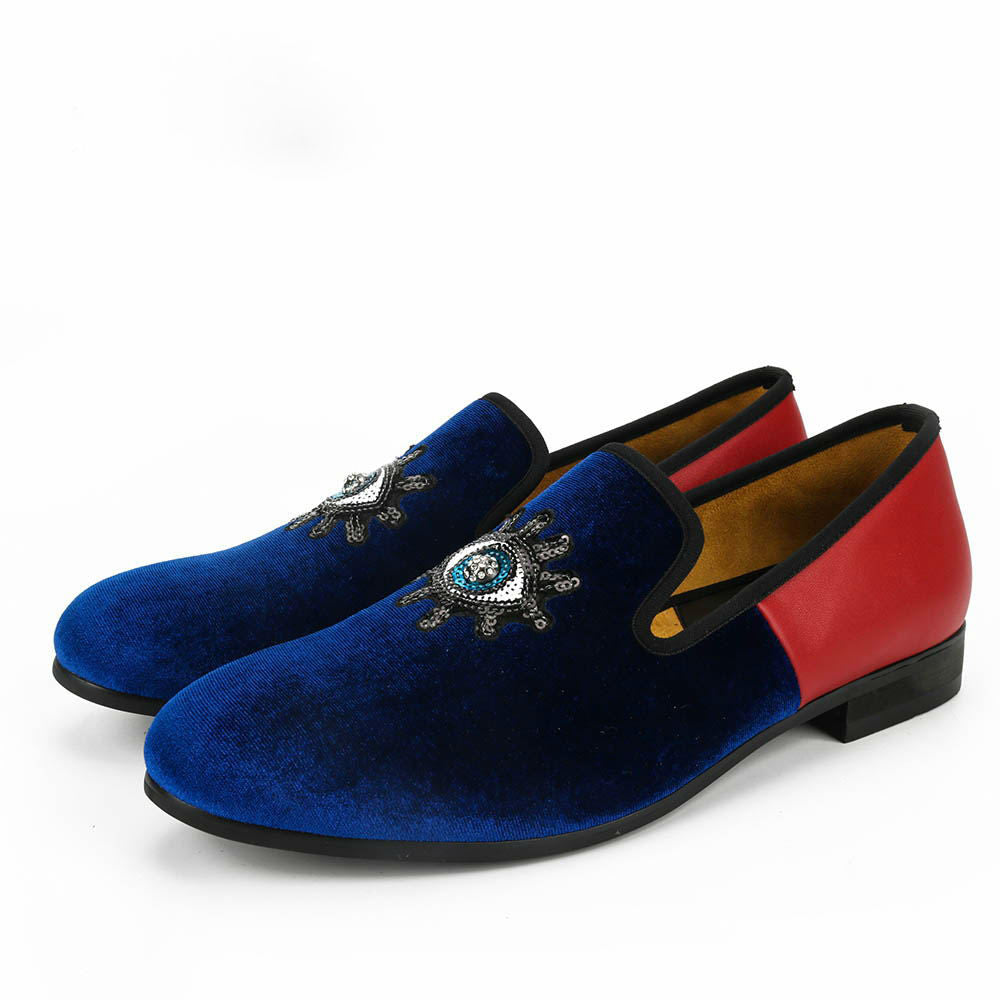 Blue Eyes Shape Sequin Detail Men Velvet Loafers Shoes - FanFreakz