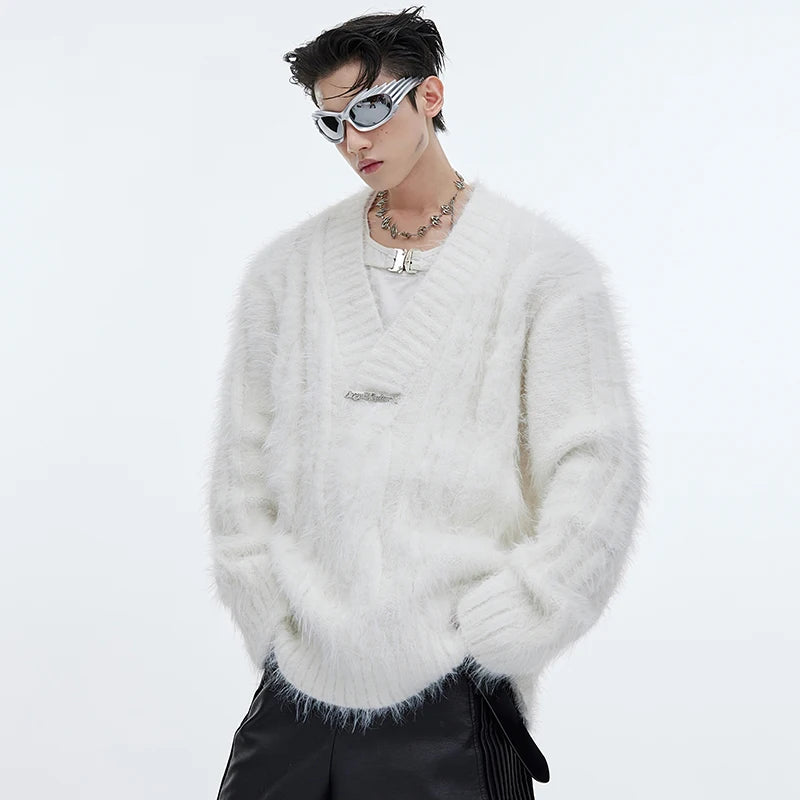 Faux Mink Fur V-Neck Loose Sweater