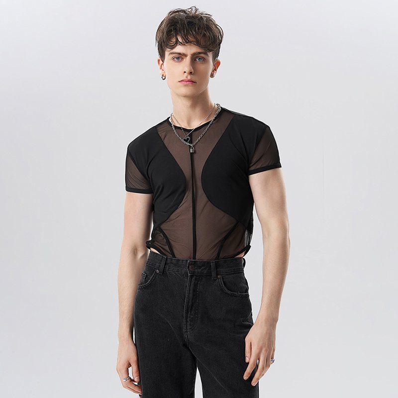 Black Mesh Patchwork Backless Bodysuit