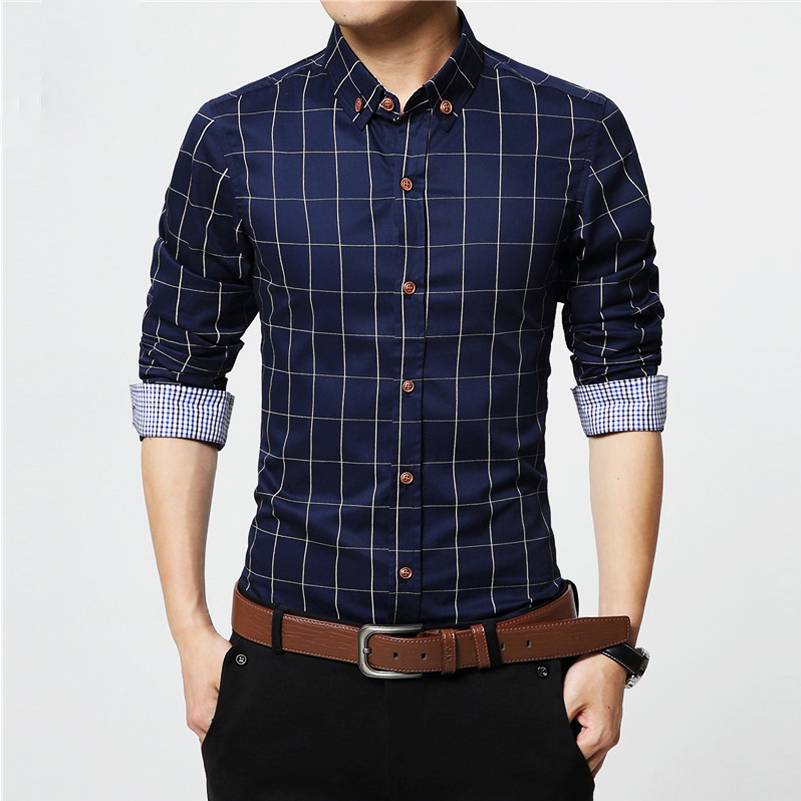 Solid Plaid Long-Sleeved Cotton Shirts