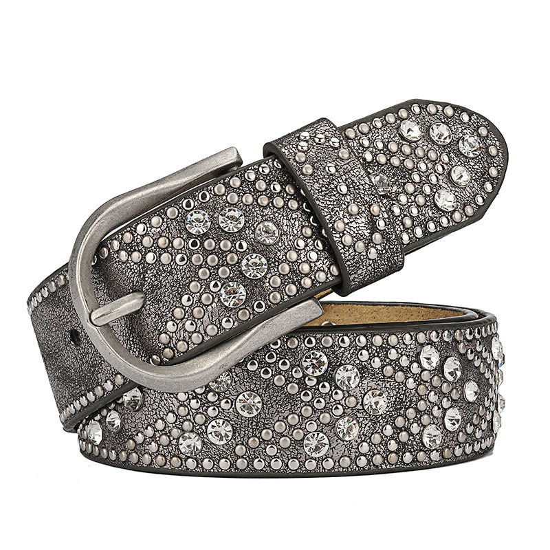 Vintage Sparkle Beads Rivet Men Leather Belt