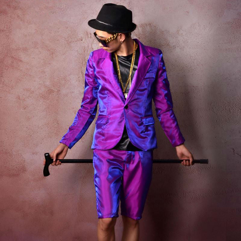 Shiny Bright Purple Men Slim Fit Suit Set Jacket with Short Pant - FanFreakz