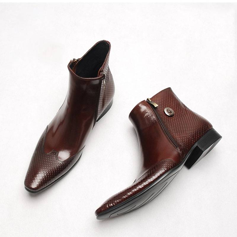 Double Zippers Ankle High Pointed Toe Men Leather Boots