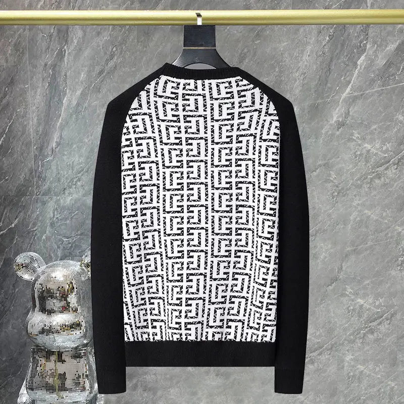 Geometric Black & White O-Neck Sweater