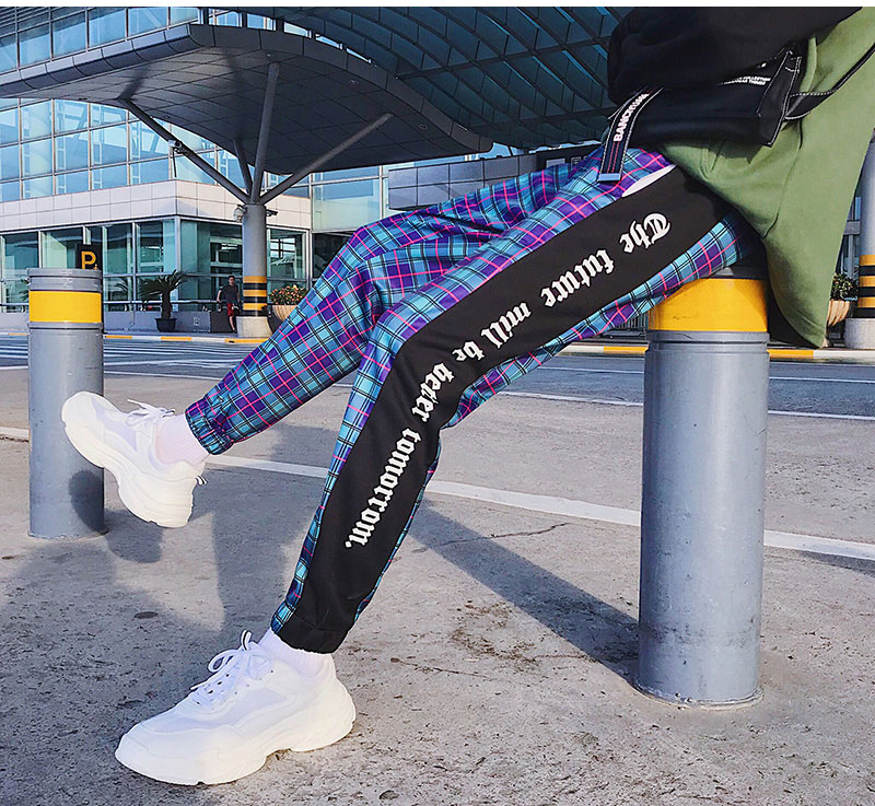 Plaid Cotton with Side Stripe Streetwear Jogger Hip Hop Style Men Pants