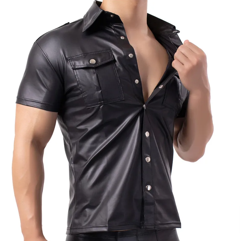 Black PU Sexy Fitness Tops Slim Style Men Shirt