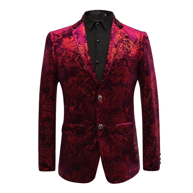 Baroque Pattern Men Slim Fit Burgundy Velvet Blazer - FanFreakz