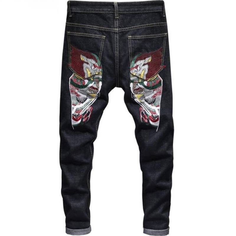 Butterfly Embroidery Black Denim Slim Fit Style Men Jeans