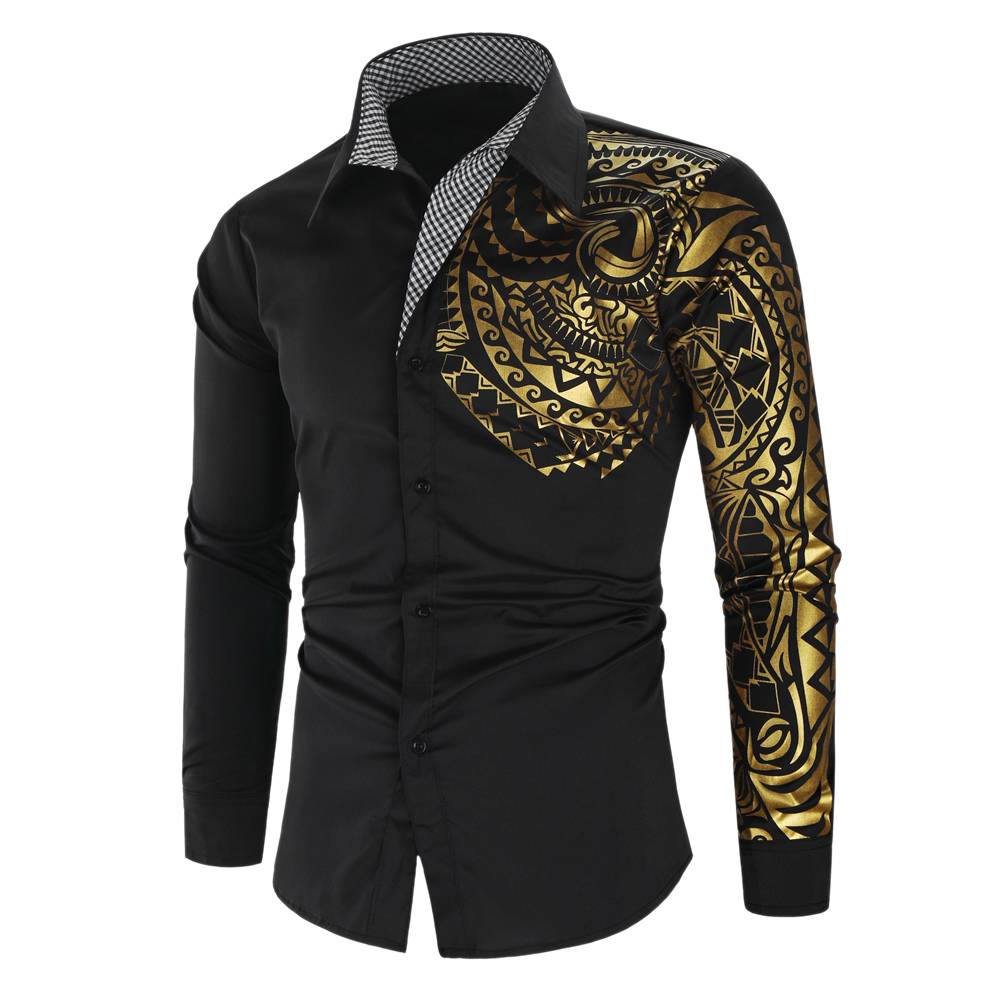 Gold Half Side Print Slim Fit Long Sleeve Style Men Shirts