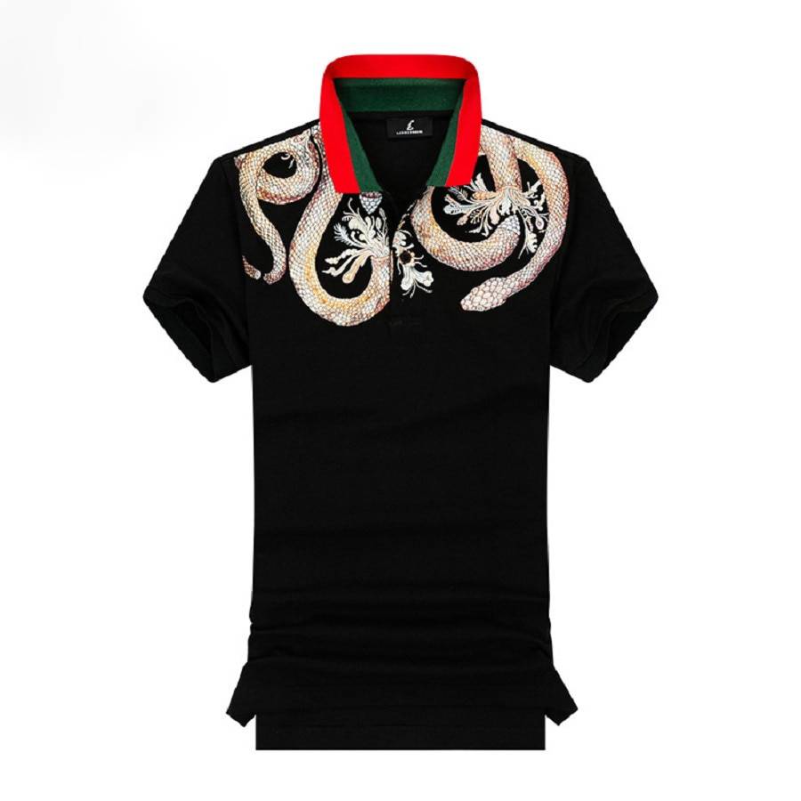 Snake Print with Red Green Collar Style Men Polo Shirt