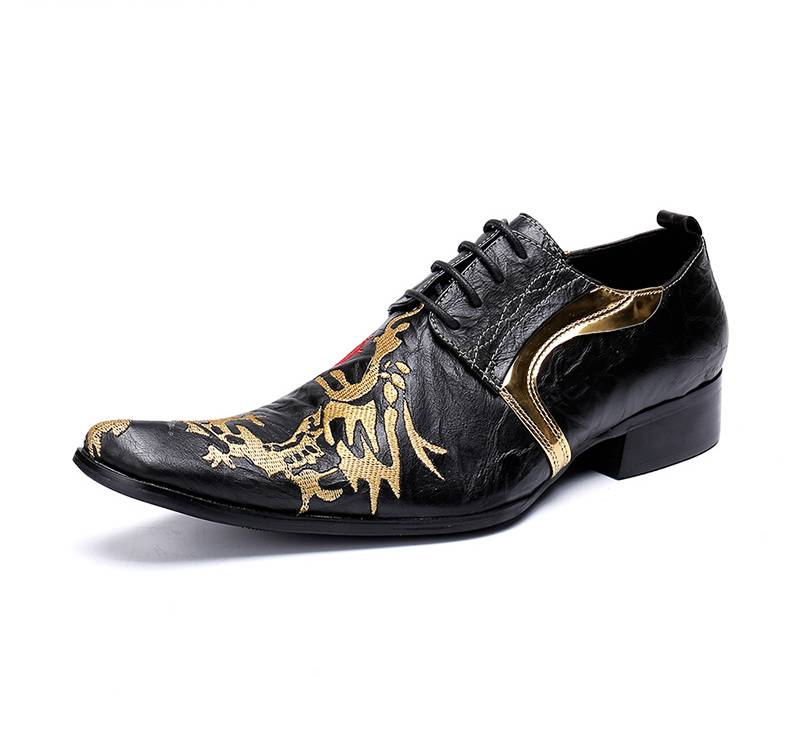 Fancy Black with Gold Painting Lace Up Details Men Dress Shoes