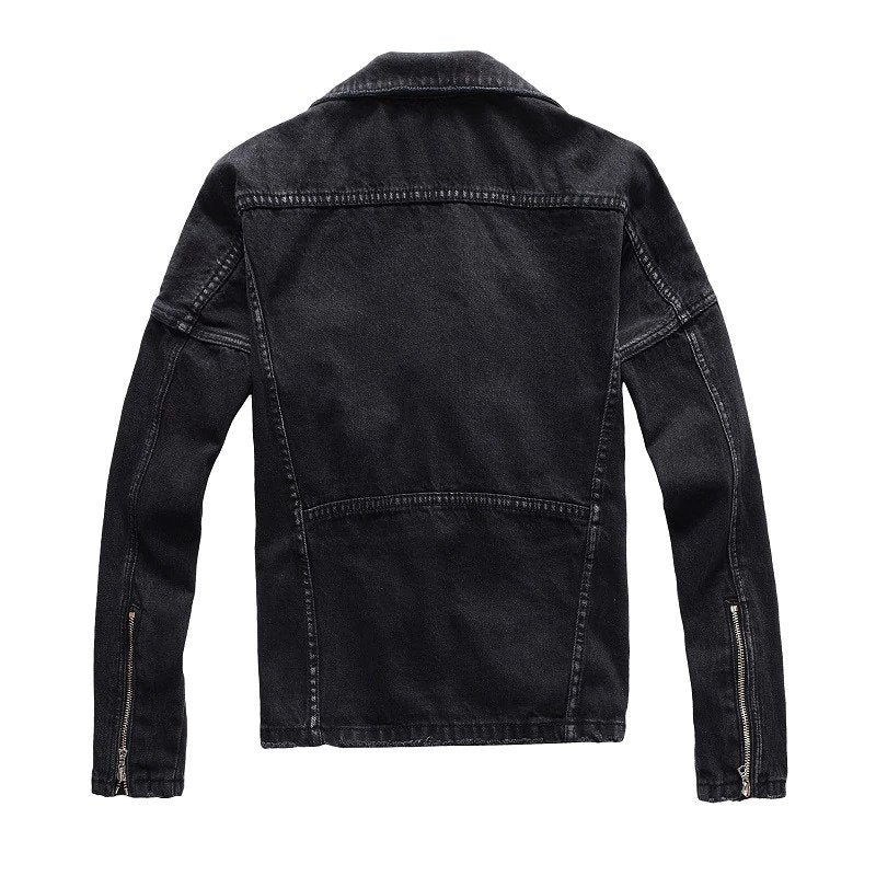 Laces Waist Multi Zipper Moto Biker Men Black Denim Jacket