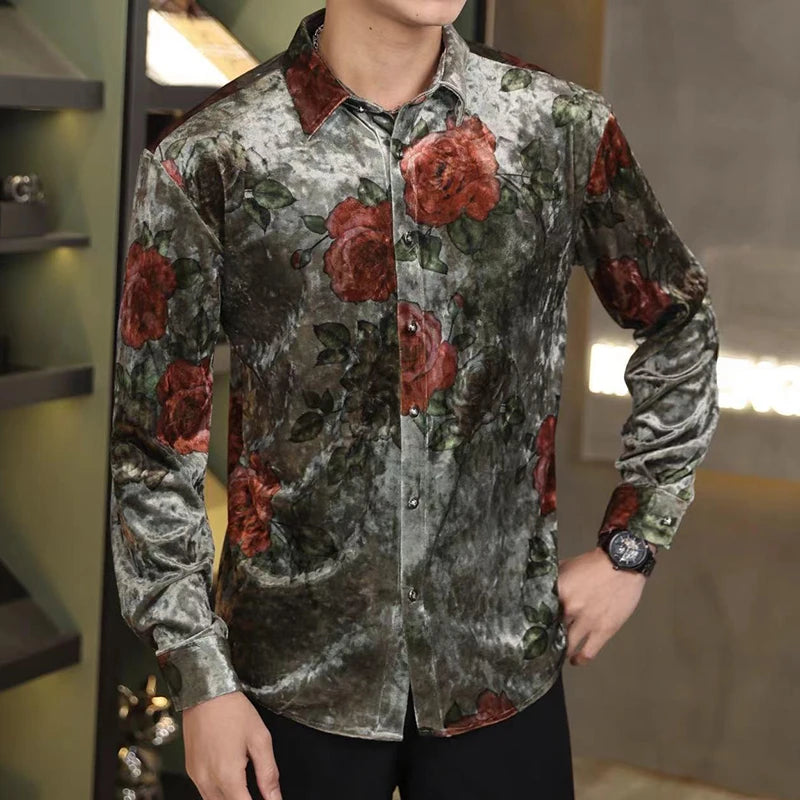 Vintage Velvet Floral Print Long Sleeve Shirt