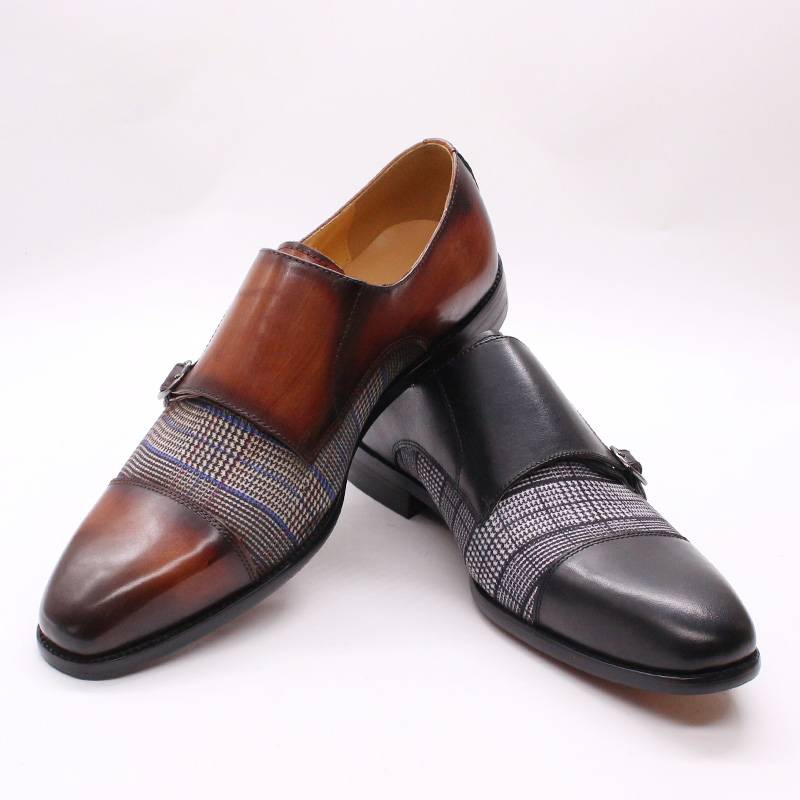 Plaids Patchwork Leather Double Monk Strap Pointed Toe Men Shoes