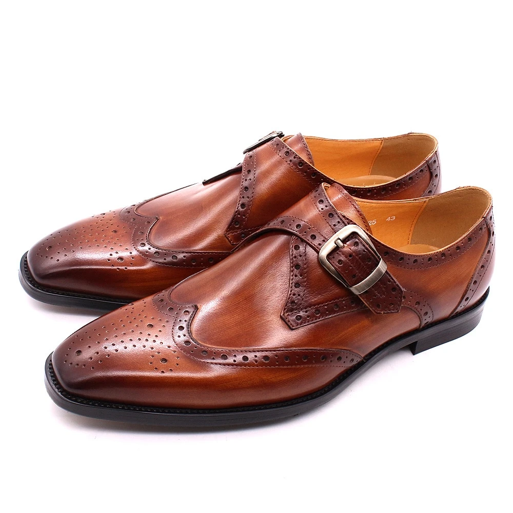 Elegant Genuine Leather Italian Wingtip Brogue Shoes with Monk Strap