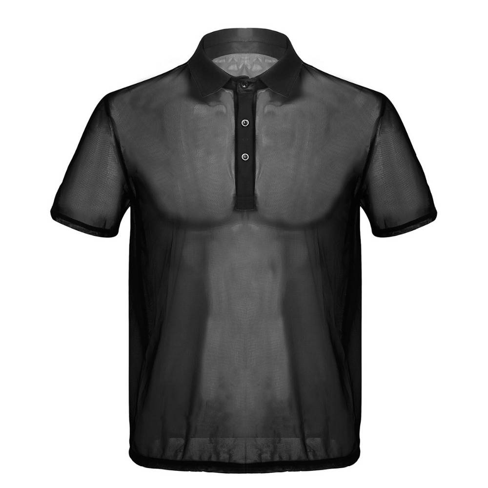 Sexy Thin See Through Summer Short Sleeves Turn Down Collar Style Men Polo Shirt