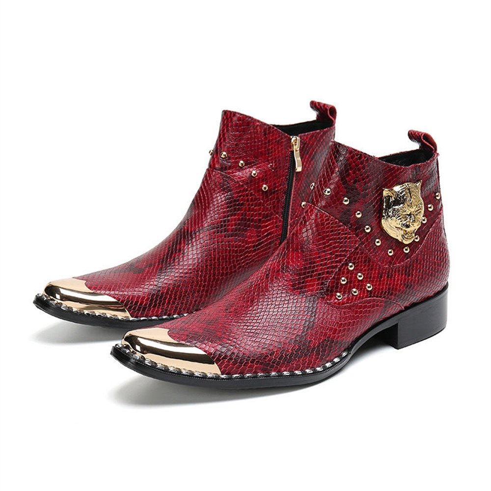 Tiger Head Appliques Snakeskin Ankle Boots