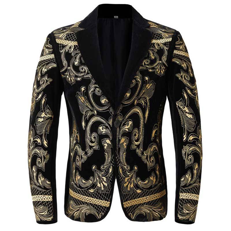 Grey Gold Floral Embroidery Black Blazer