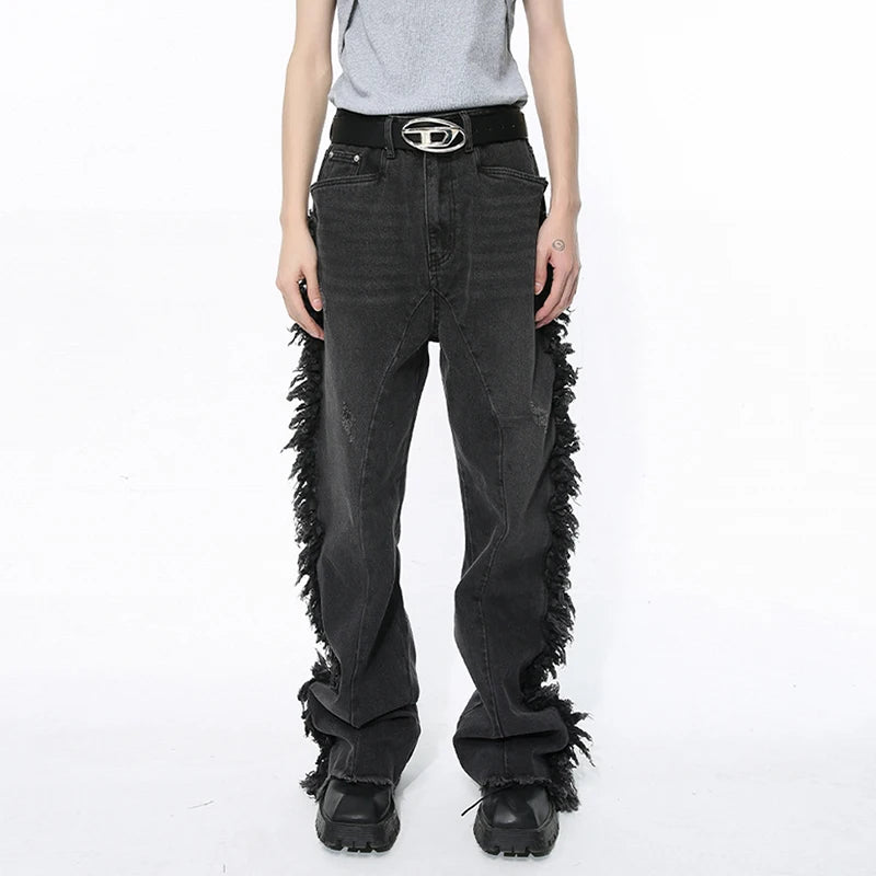 Black Ragged Edge Splicing Denim Jeans