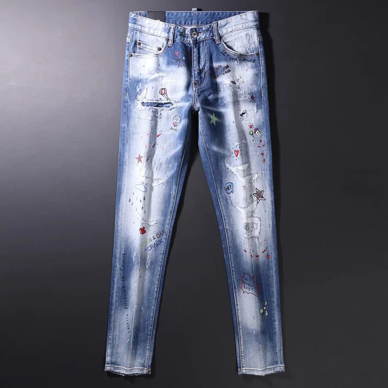 Ripped Rhinestone Decoration Slim Fit Jeans