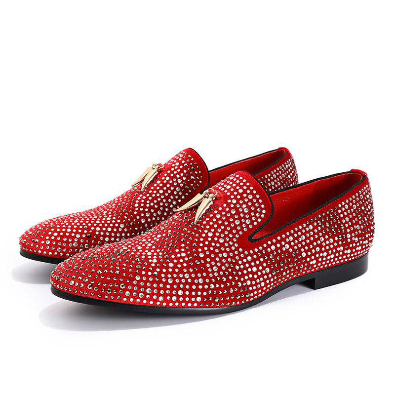 Luxury Rhinestone Handmade Men Red Black Velvet Loafer Shoes With Golden Tassel