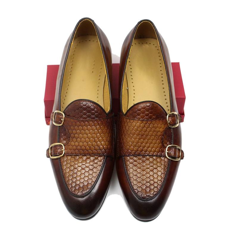 Pointed Toe Braided Monk Strap Leather Formal Style Men Loafers Shoes