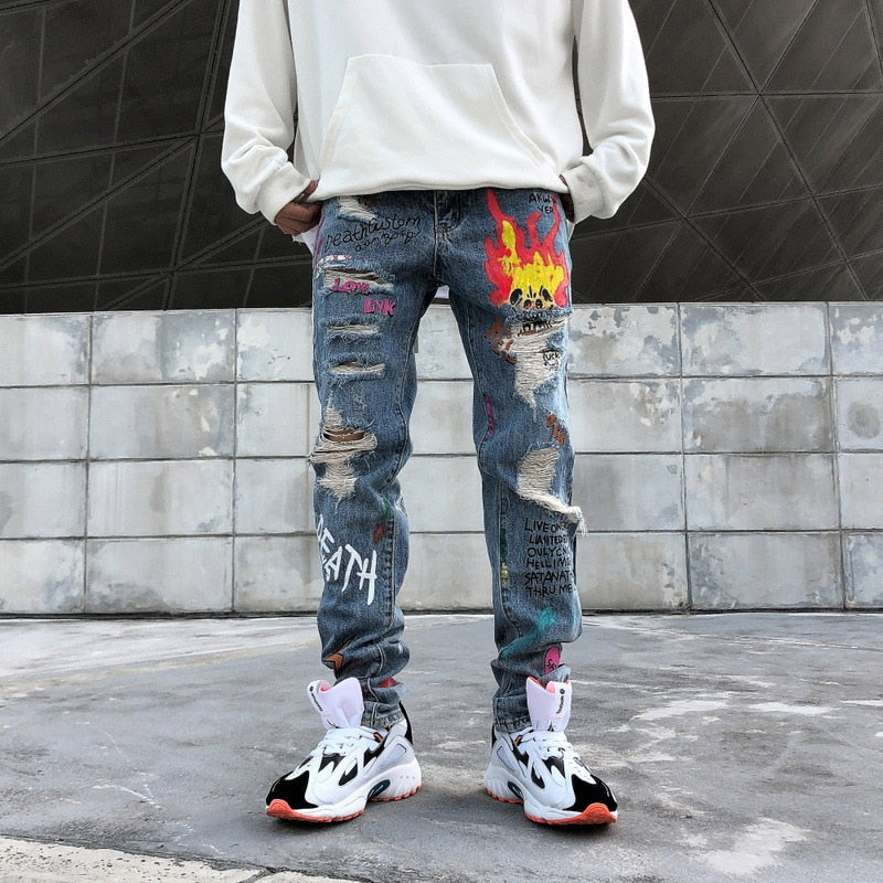 Hip Hop Graffiti Printed Ripped Hole Style Men Jeans