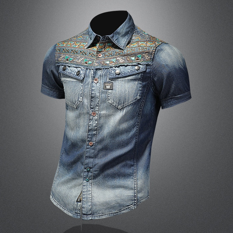 Shoulder Embroidery Patchwork Decorated Shirt