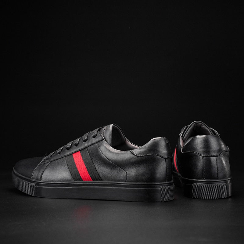 Black with Red Ribbon Casual Genuine Leather Men Sneaker