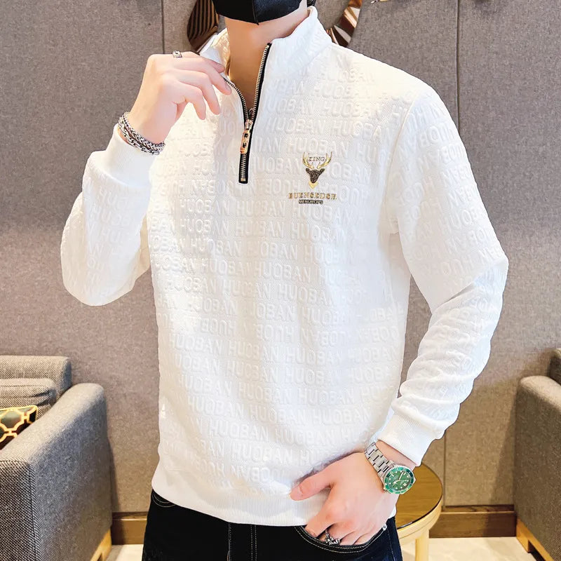 Letter Embossed Zipper Stand Collar Sweater