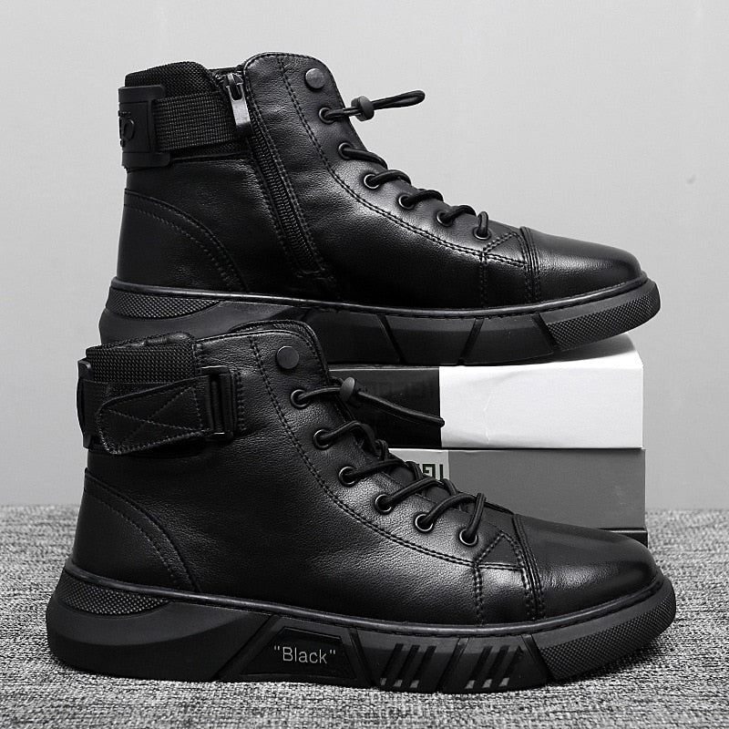 Solid Black Color Leather Ankle Boots