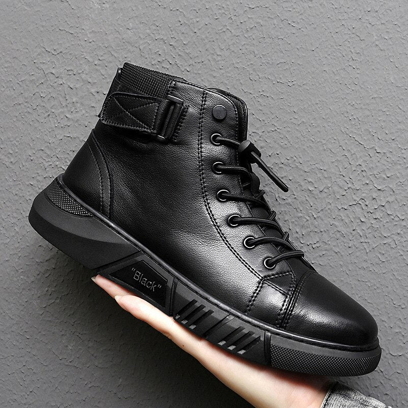 Solid Black Color Leather Ankle Boots