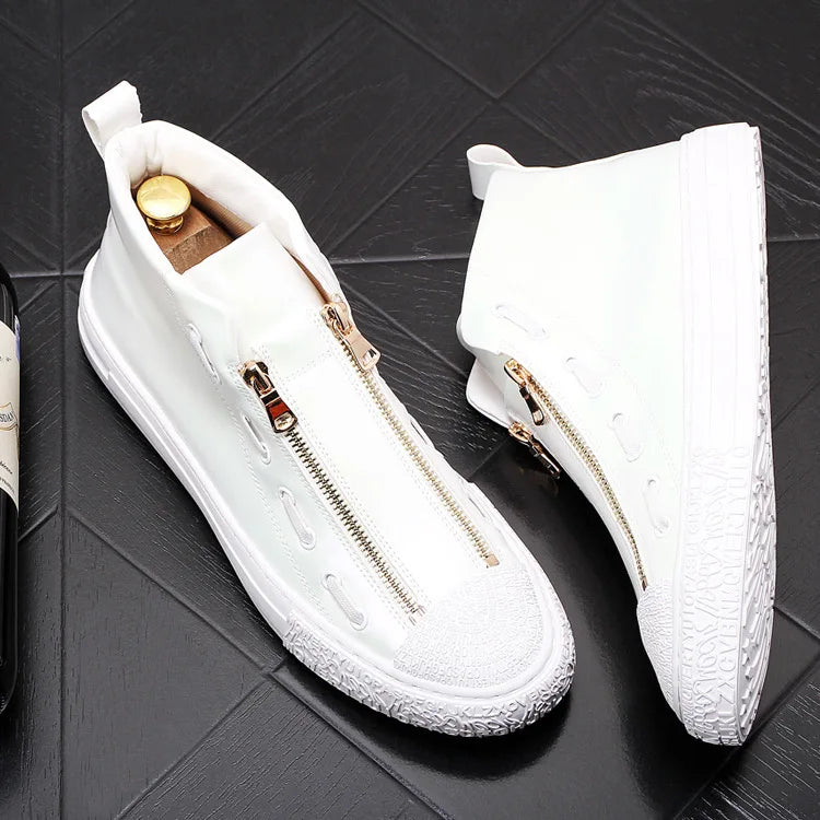 Solid Zipper Leather High-Top Sneakers