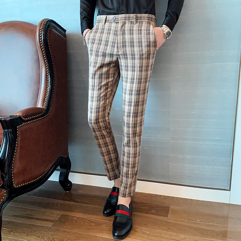 Classic Plaid Patterned Men Slim Formal Trousers