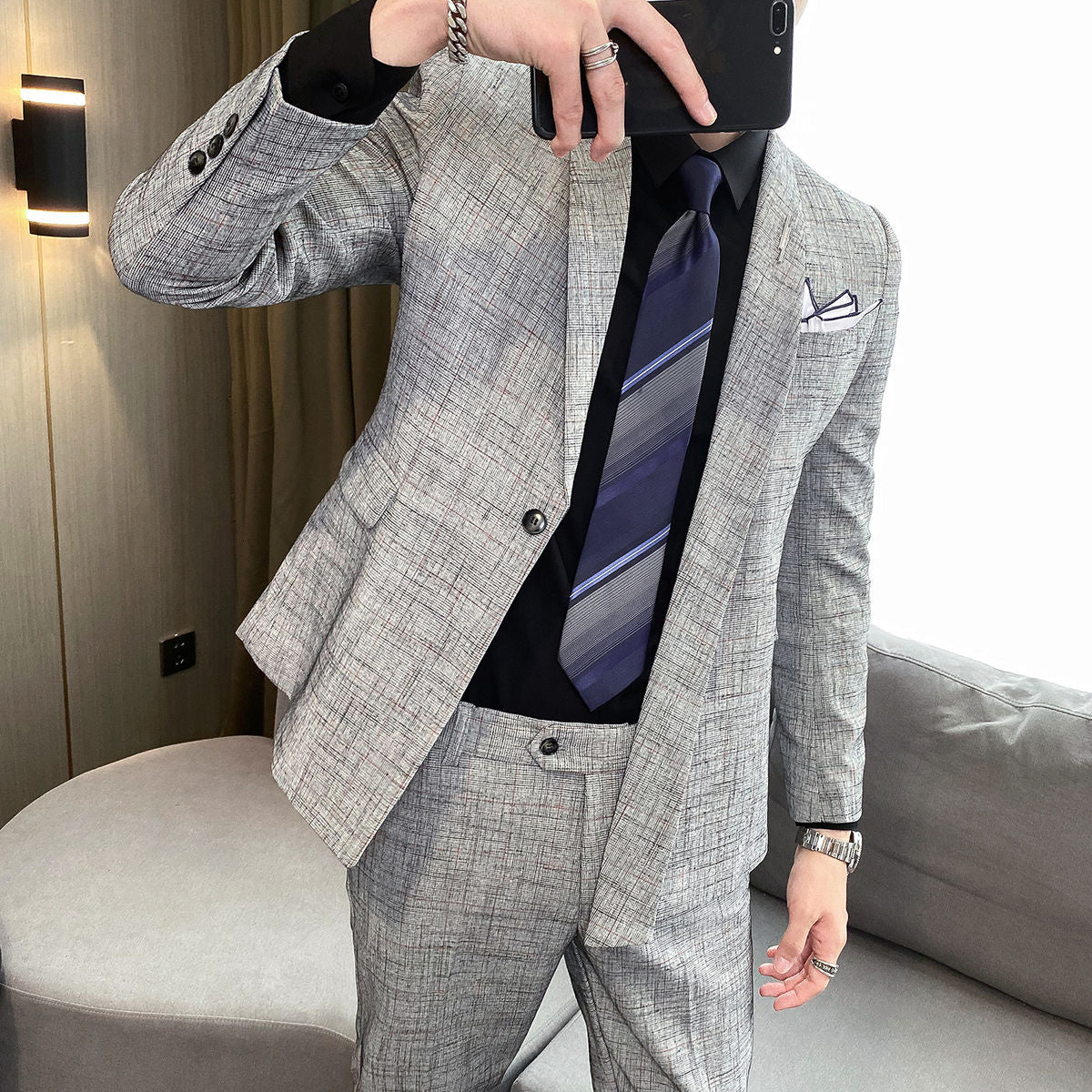 Asymmetry Checkered Pattern Gray Blazer