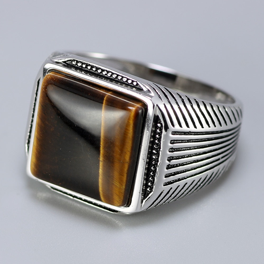 Sterling Silver with Tiger Eyes Fine Stripe Pattern Natural Stone Men Rings