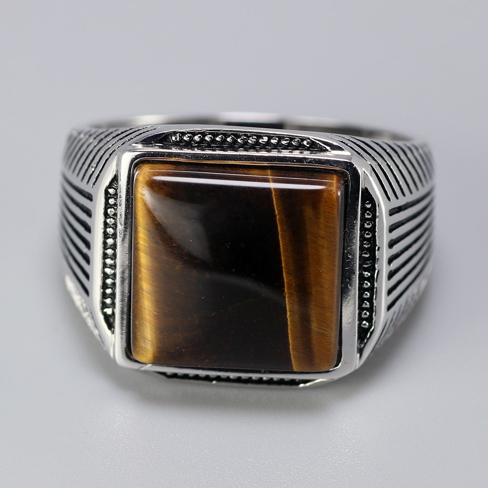 Sterling Silver with Tiger Eyes Fine Stripe Pattern Natural Stone Men Rings