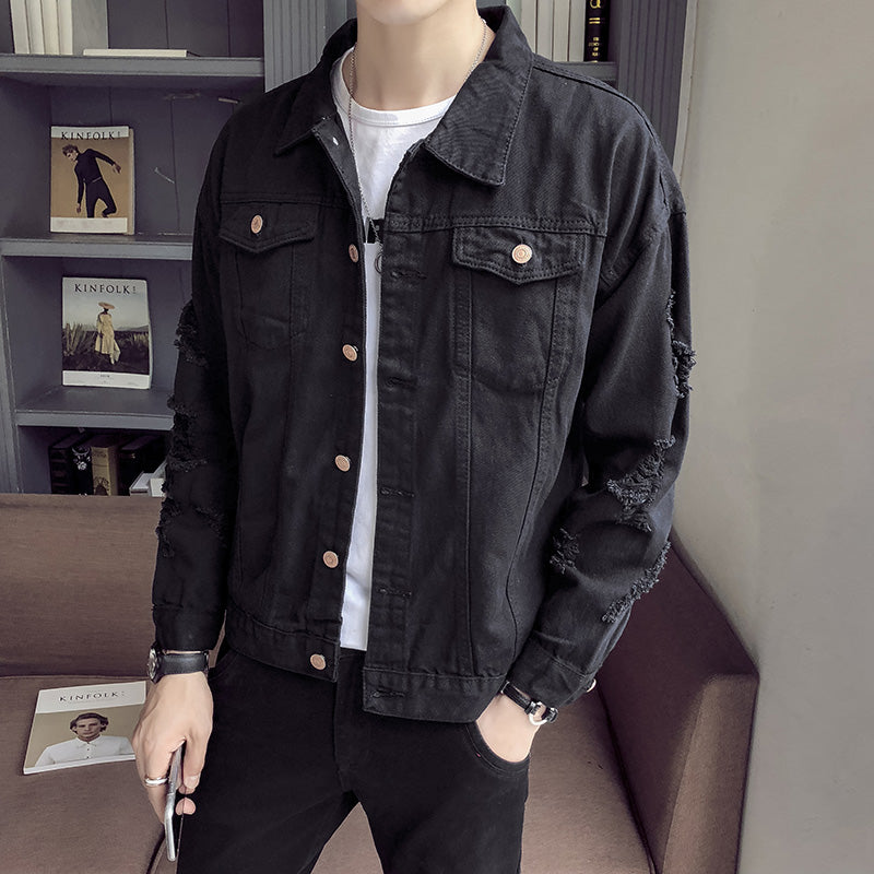 Ripped Sleeves Two Pockets Men Button Closure Denim Jacket