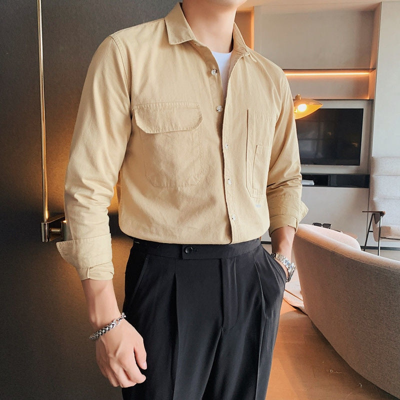 Solid Color Double Pockets Decorated Shirt