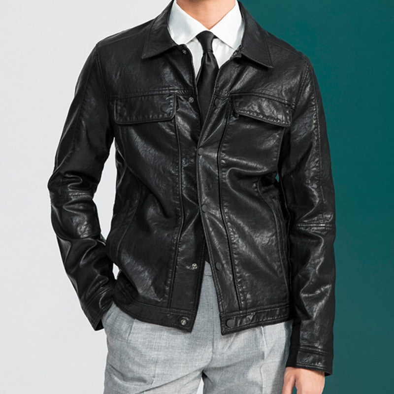 Single Breasted Two Pockets Faux Leather Jacket