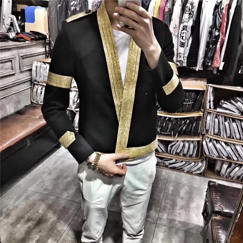 Black Gold V Lapel Stage Costume Style Men Blazer